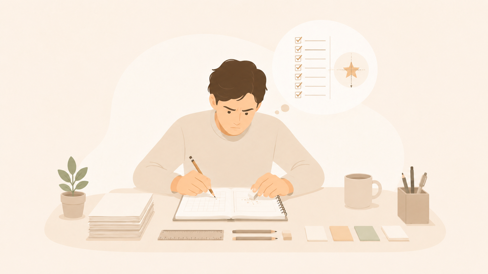 Ilustración de hombre trabajando en un escritorio muy ordenado.